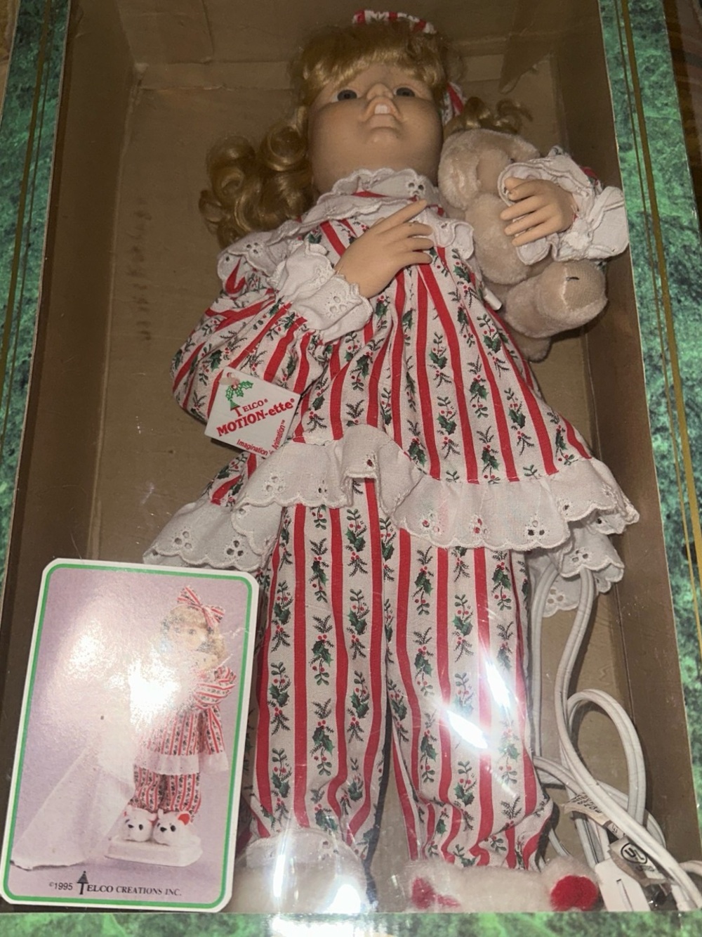 Telco Motion Holiday Doll in Red & White Striped Pajamas with Teddy